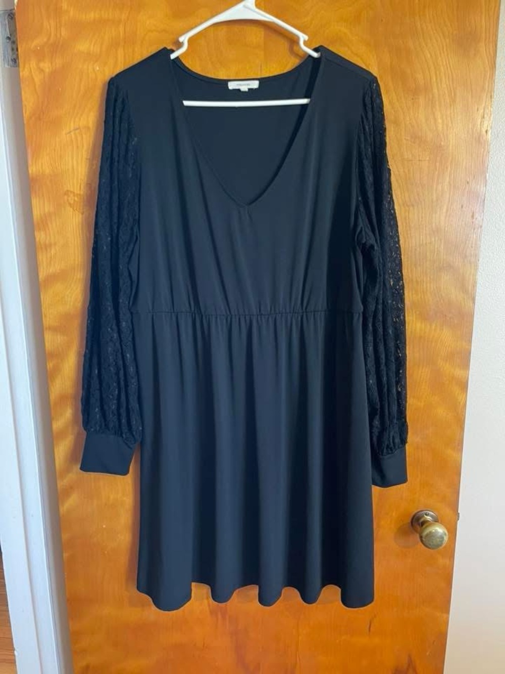 Maurices Black V-Neck Midi Dress with Lace Long Sleeves